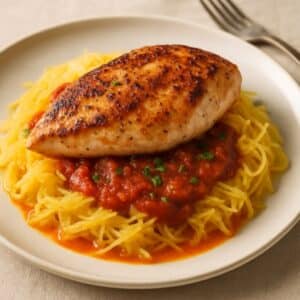 Mindful Meals Seared Chicken Breast with Red Sauce over Spaghetti Squash