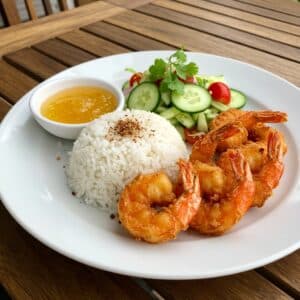 Fried Shrimp with Coconut Rice, Cucumber Salad & Pineapple Dipping Sauce