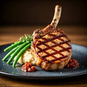 Grilled Pork Chop with Bacon Rhubarb Jam