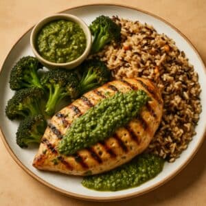 Mindful Meals Grilled Herb Chicken with Roasted Broccoli & Wild Rice Pilaf, Pumpkin Seed Pesto