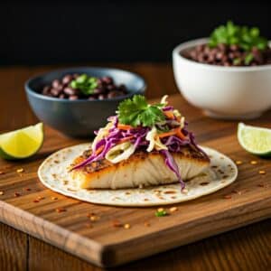 Mahi Fish Tacos with Coleslaw & Borracho Beans