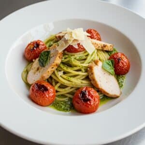 Grilled Chicken over Linguini with Roasted Tomatoes, White Wine Pesto
