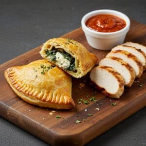 Chicken with Spinach & Feta Puff Pastry Pie and Red Sauce