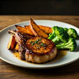 Bourbon Glazed Pork Chops with Roasted Sweet Potato Wedges & Broccoli