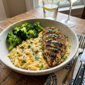 Grilled Herb Chicken with Cheesy Orzo Pasta & Broccoli