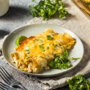 Chicken Enchiladas with Tomatillo Cream & Mexican Rice