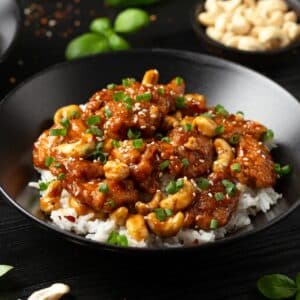 Cashew Chicken with Rice and Steamed Broccoli
