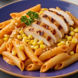 Basil Chicken with Creamy Grilled Corn & Roasted Red Pepper Pasta