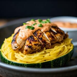 Mindful Meals Grilled Chicken with Pink Sauce over Spaghetti Squash