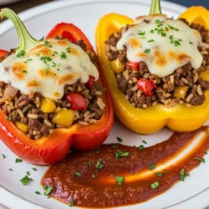 Beef & Rice Stuffed Peppers with Red Sauce
