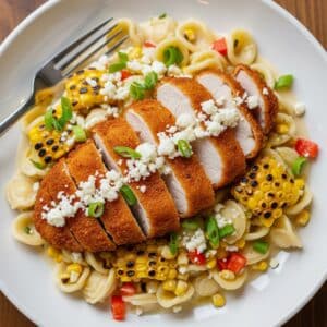Fried Chicken over Mexican Street Corn Pasta