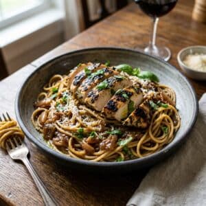 Caramelized Shallot Pasta with Grilled Basil Chicken