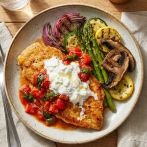 Seared Garlic Chicken topped with Fresh Tomato Sauce and Creamy Burrata Sauce