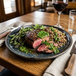 6 oz Grilled Sirloin with Wild Rice Pilaf & Blistered Green Beans