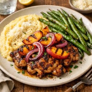 Balsamic Chicken with Grilled Peaches and Basil