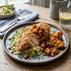 Almond Crusted Chicken with Herbed Cous Cous and Peach Sauce